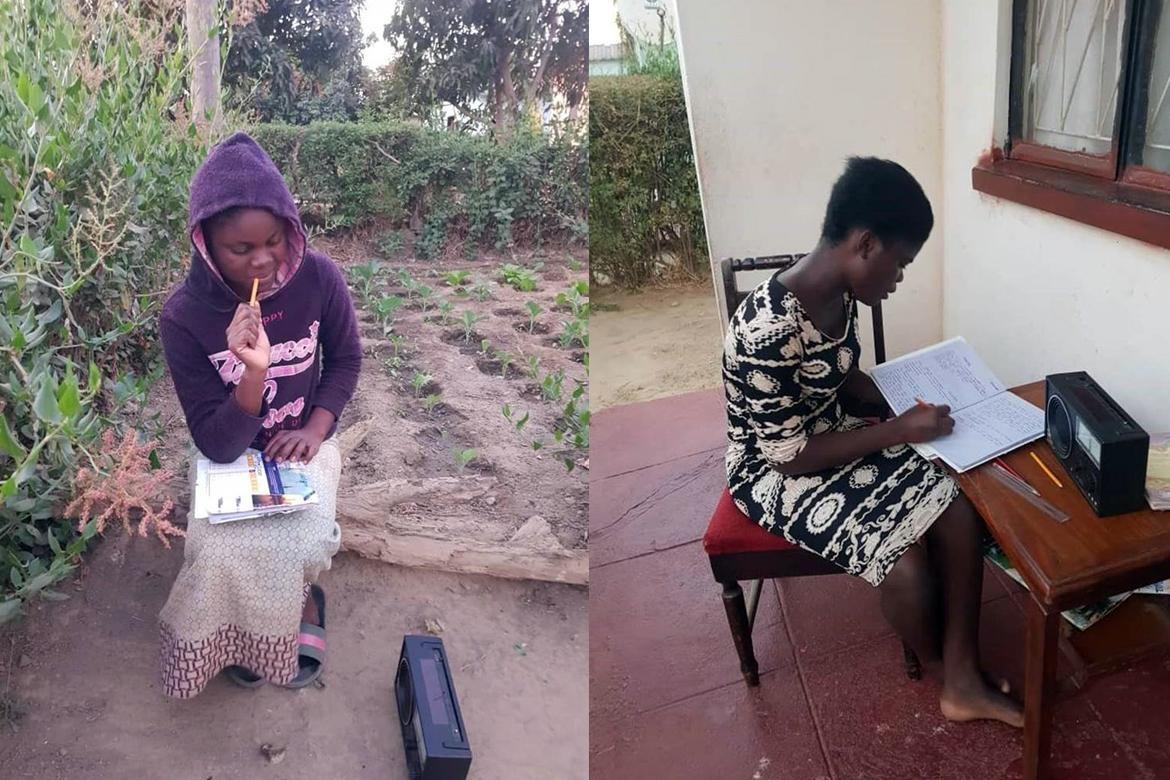 Chanda Fwalo, 13 ans, élève au CM2 (à gauche) et Cleopatra Mulenga, 16 ans (à droite) suivant toutes deux une leçon via la radio depuis leurs maisons. Crédit : Ministère de l'éducation, Zambie